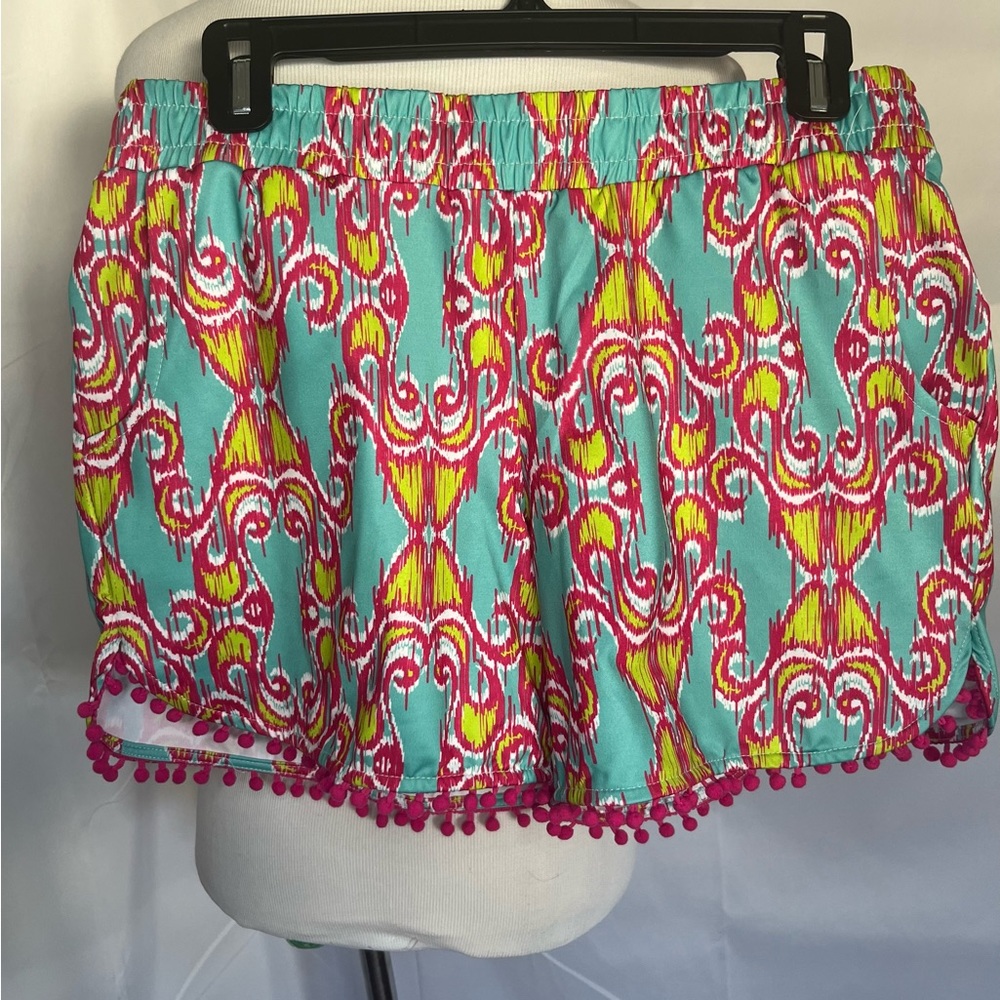 Tracy Negoshian Skylar Pull On Shorts Aqua, Lime Green & Pink w/pom poms Sz S